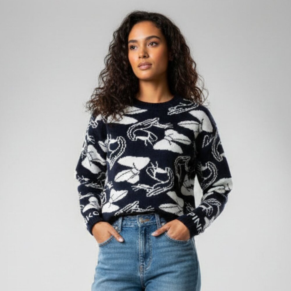 NWT Pinko x Disney Wool Blend Black & White Daisy Print Pull Over Sweater